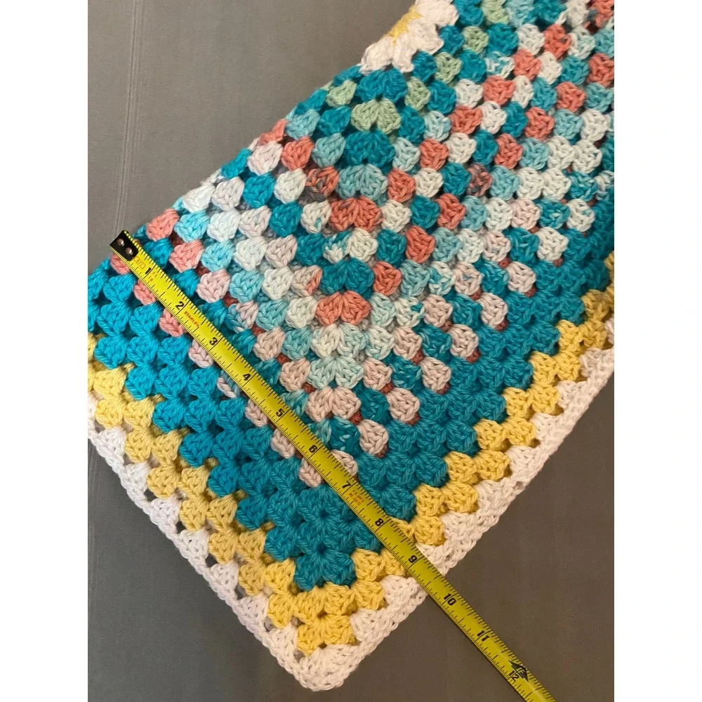 Handmade Crochet Granny Square Crop Top Bell Sleeve V-Neck Boho Turquoise Yellow